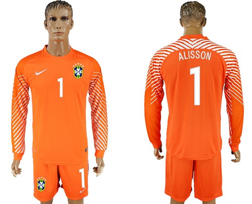 Brazil #1 Alisson Orange Goalkeeper Long Sleeves Soccer Country Jersey - Click Image to Close